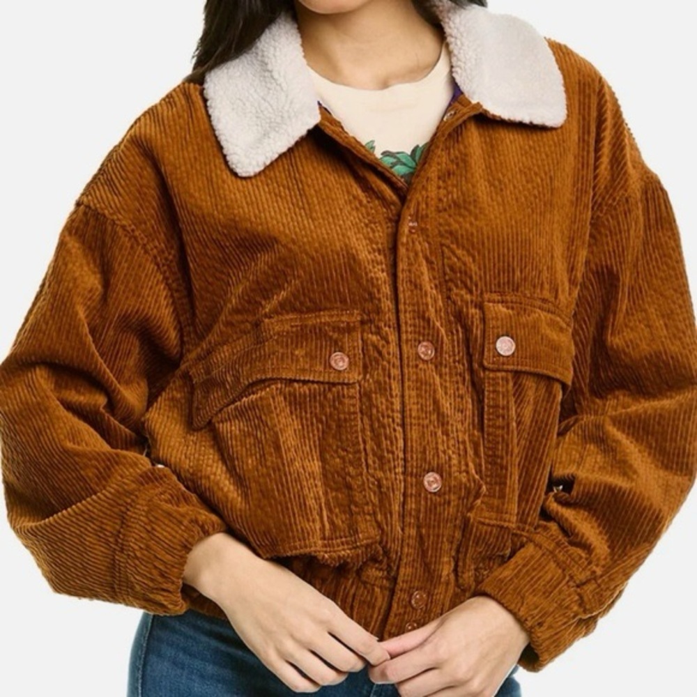 NWT Mother The Springy Patch Bomber Brown Corduroy Jacket with White Collar S